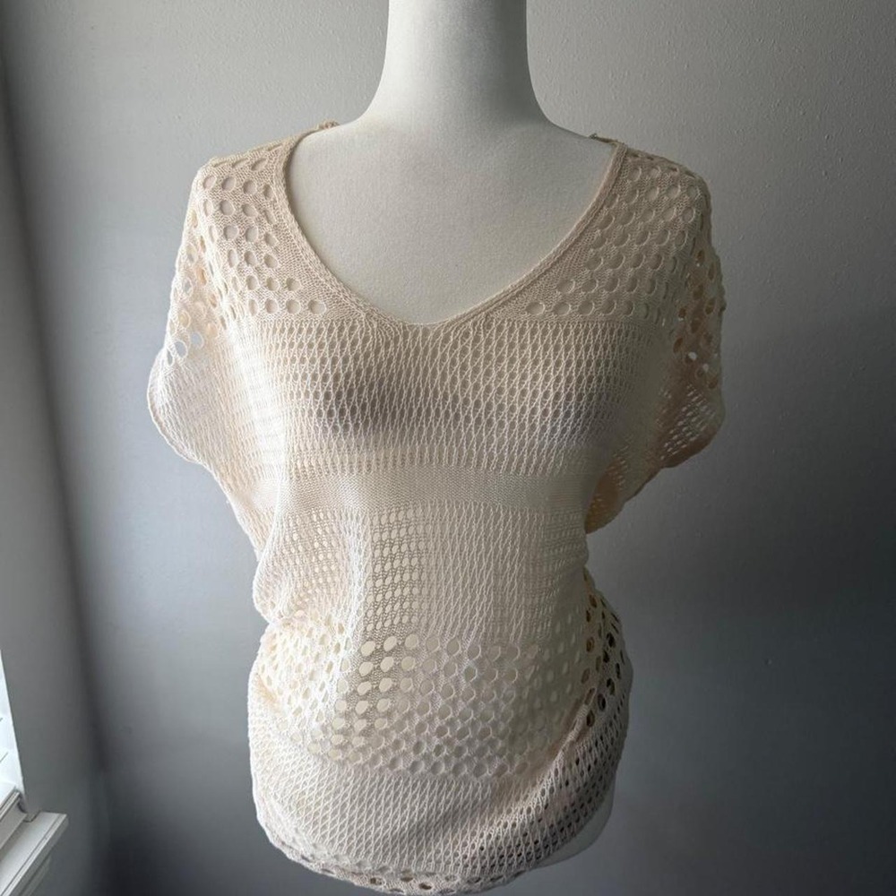 Unbranded Crochet Knit Top Beach Cover Up Medium Cream V-Neck Mesh Layering